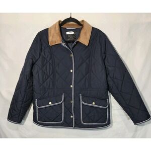 Talbots Quilted Barn Jacket Navy W Corduroy Trim Large Petite Snap Closure